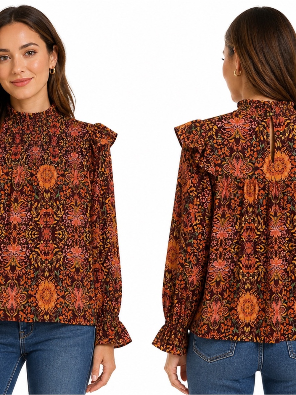 NWT EST. 1946 Floral Smocked Mock Neck Blouse - Rust Multi - 0485